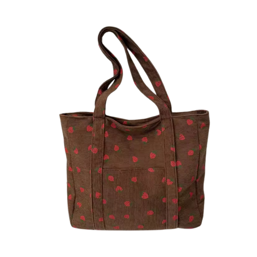 Brown Corduroy Tote Bag Strawberry Print Kawaii Lightweight Fall